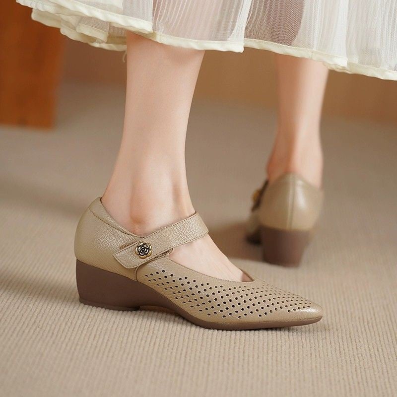 French-Style Wedge Flat Leather Shoes With Cutouts, Breathable Perforated Loafers, Commuting Shoes, New Summer 2025 Single Shoes - Image 5